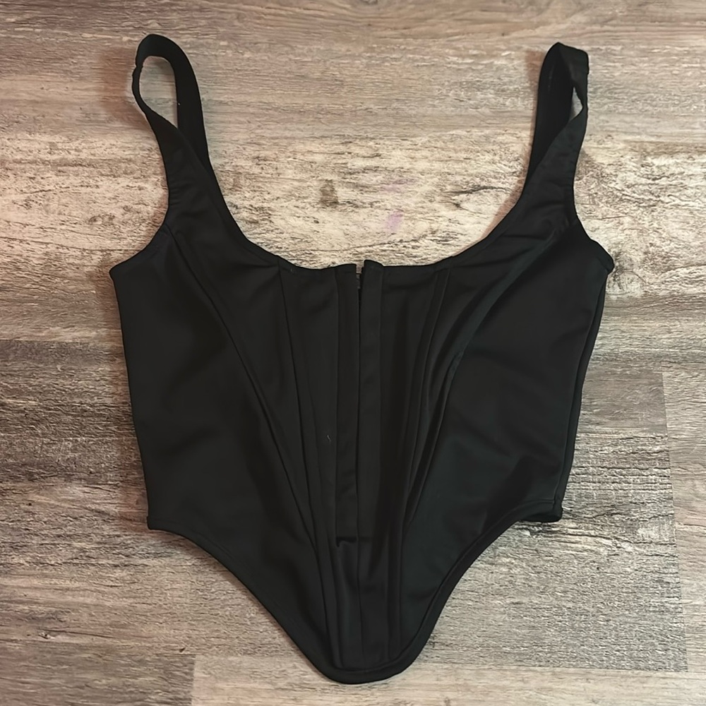 Black corset top with half hook up in the front